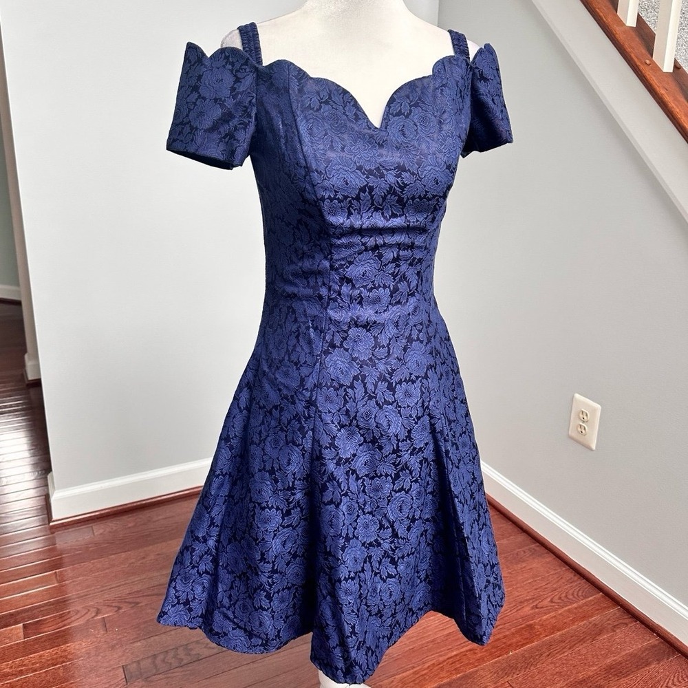 Vintage 2000s All That Jazz Navy Blue Scalloped Trim Cocktail Fit & Flare Dress